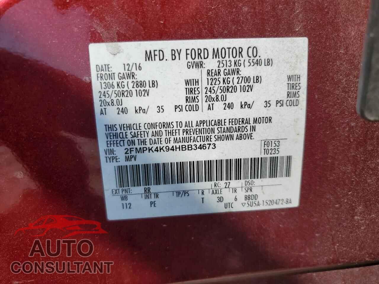FORD EDGE 2017 - 2FMPK4K94HBB34673