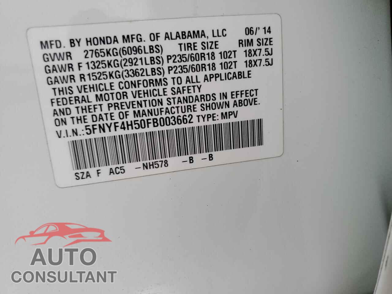 HONDA PILOT 2015 - 5FNYF4H50FB003662