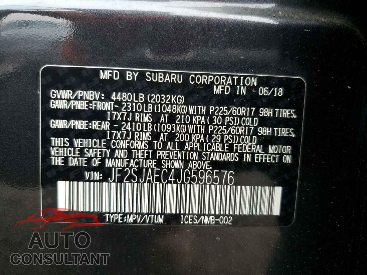 SUBARU FORESTER 2018 - JF2SJAEC4JG596576