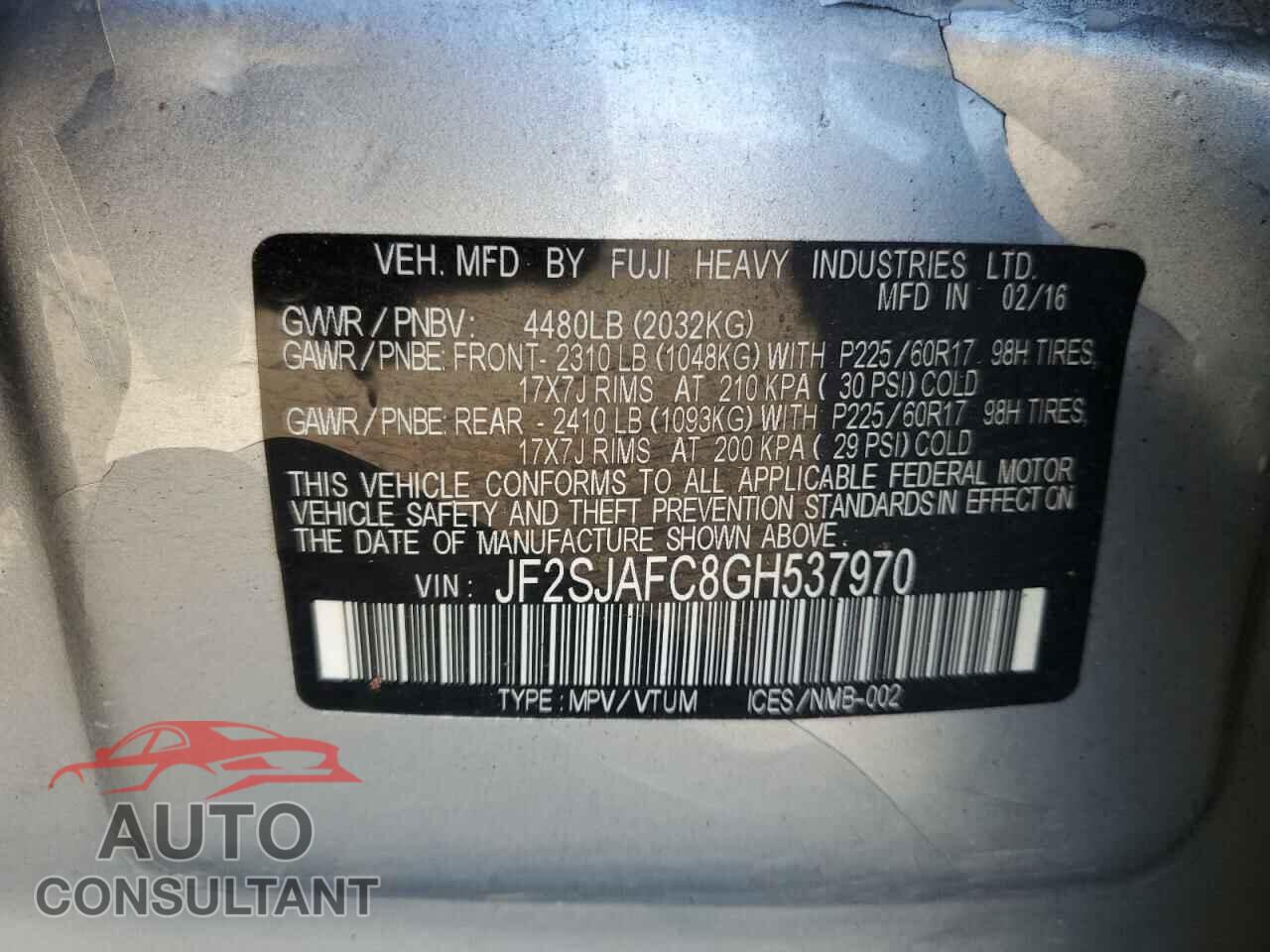 SUBARU FORESTER 2016 - JF2SJAFC8GH537970
