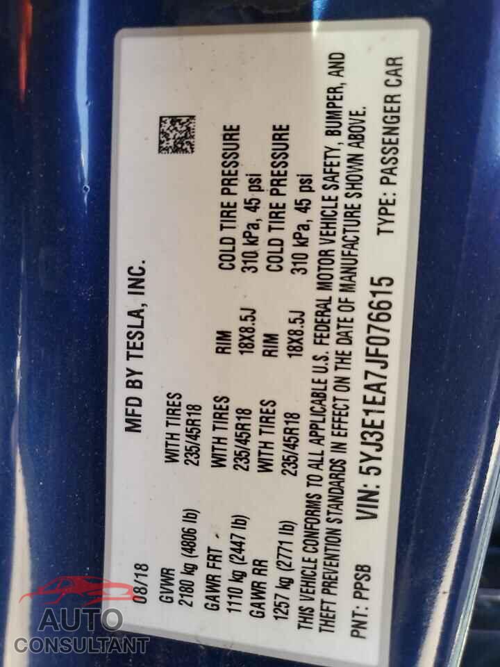 TESLA MODEL 3 2018 - 5YJ3E1EA7JF076615