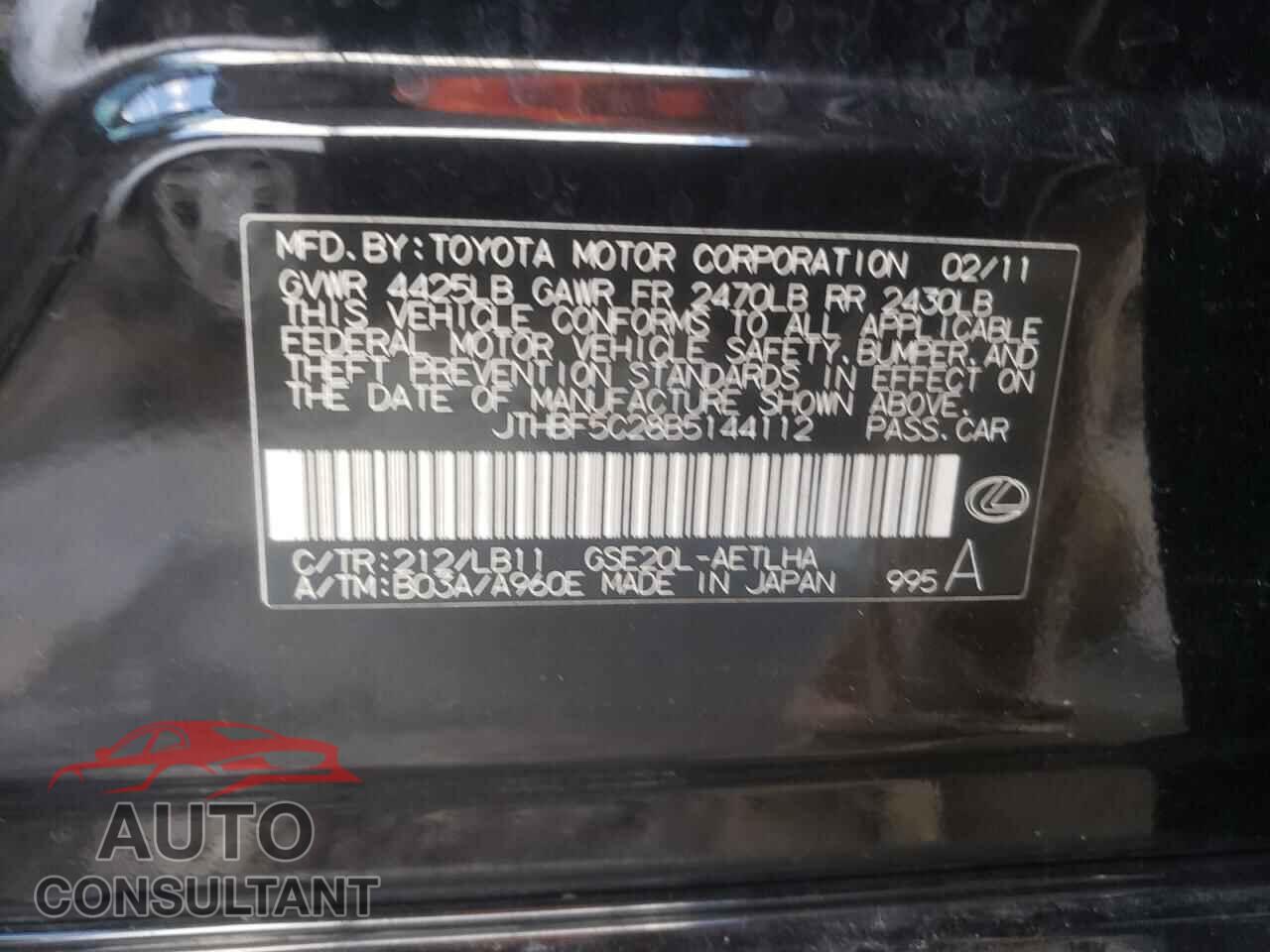 LEXUS IS 2011 - JTHBF5C28B5144112