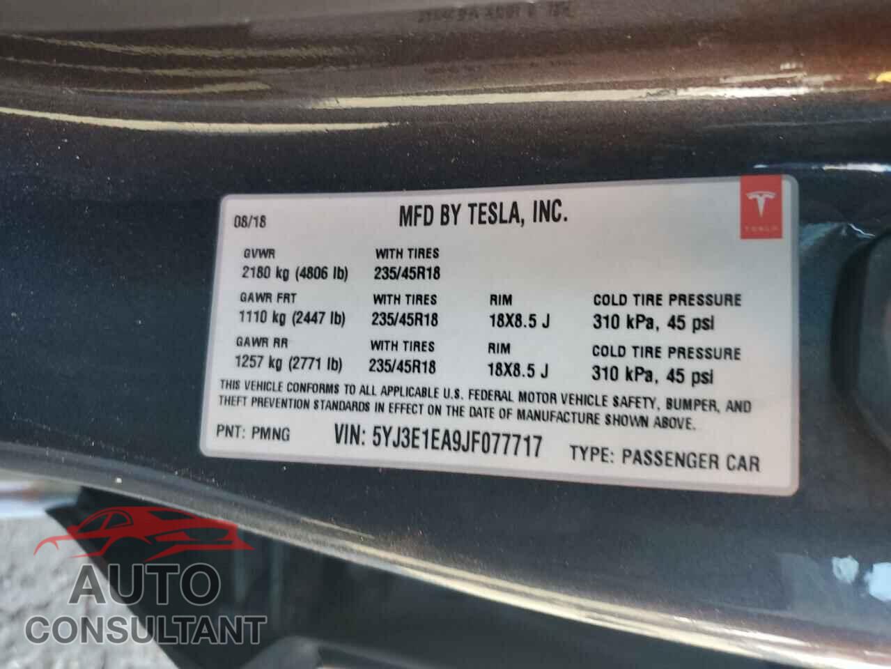 TESLA MODEL 3 2018 - 5YJ3E1EA9JF077717