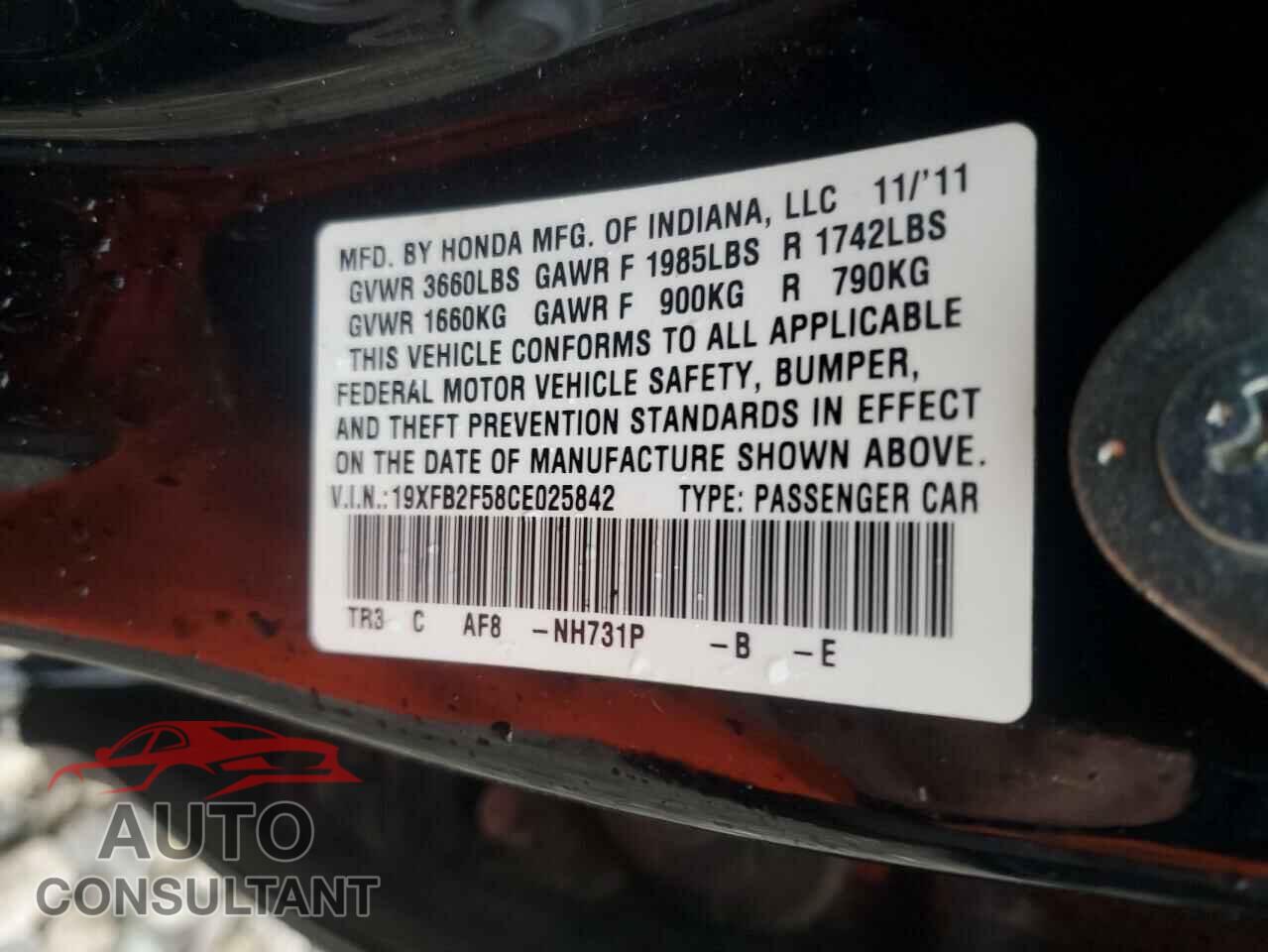 HONDA CIVIC 2012 - 19XFB2F58CE025842