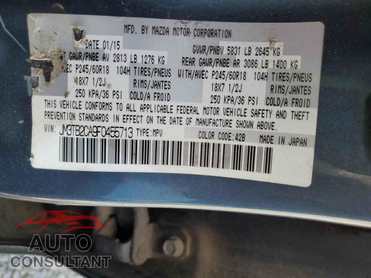 MAZDA CX-9 2015 - JM3TB2CA9F0455713