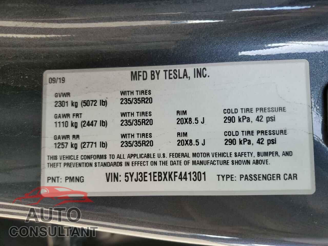 TESLA MODEL 3 2019 - 5YJ3E1EBXKF441301