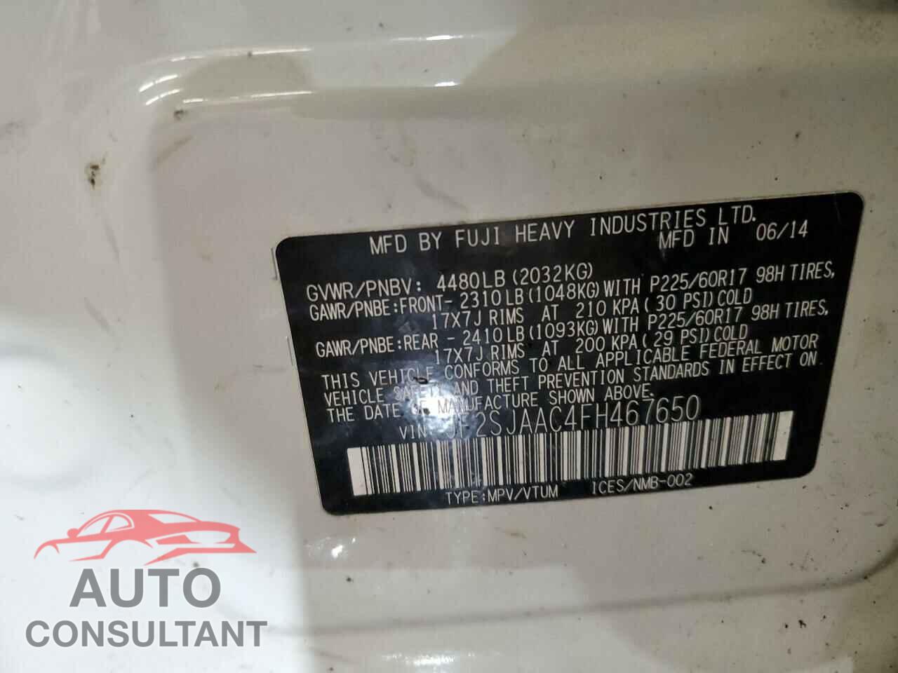 SUBARU FORESTER 2015 - JF2SJAAC4FH467650