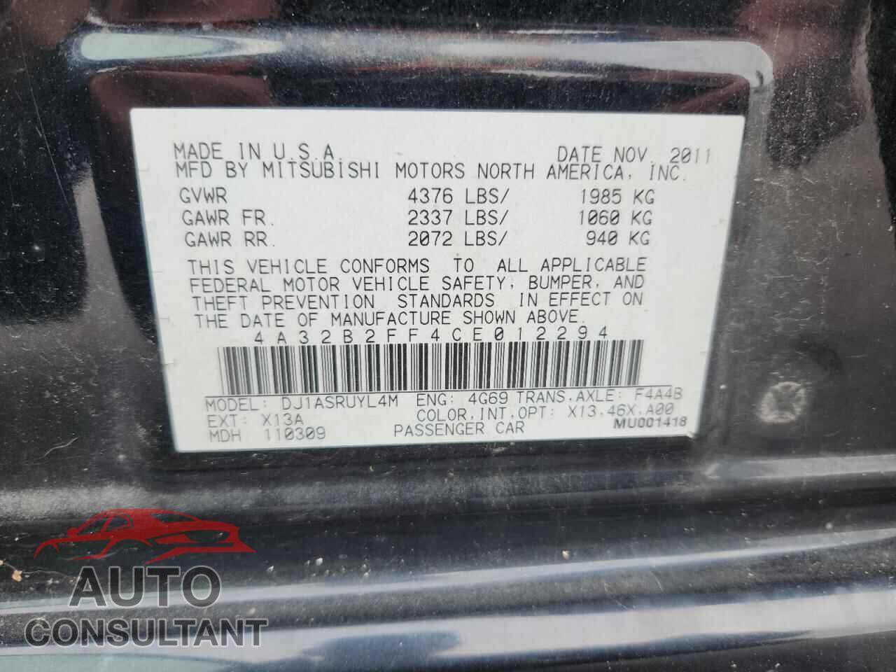 MITSUBISHI GALANT 2012 - 4A32B2FF4CE012294