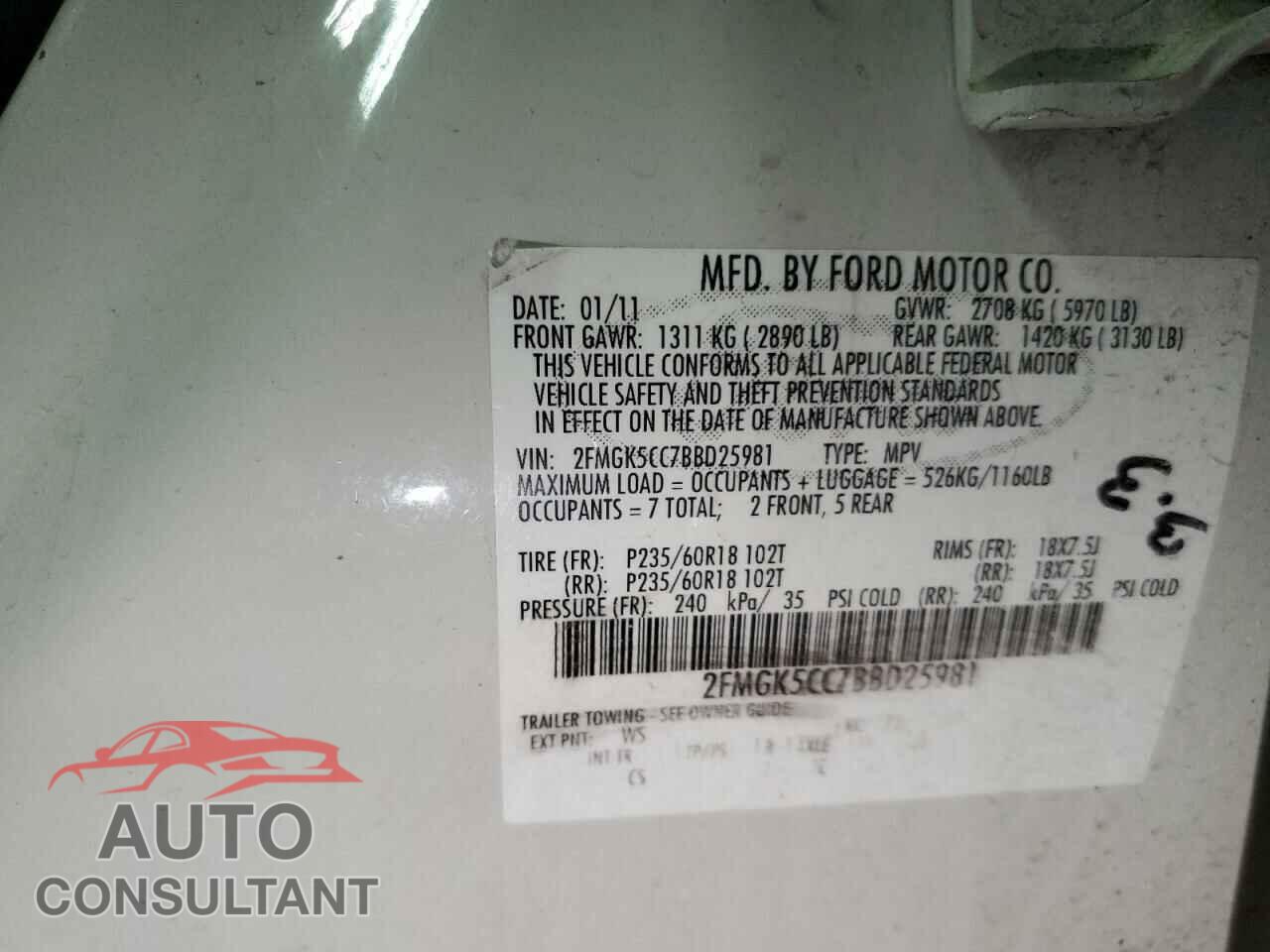 FORD FLEX 2011 - 2FMGK5CC7BBD25981