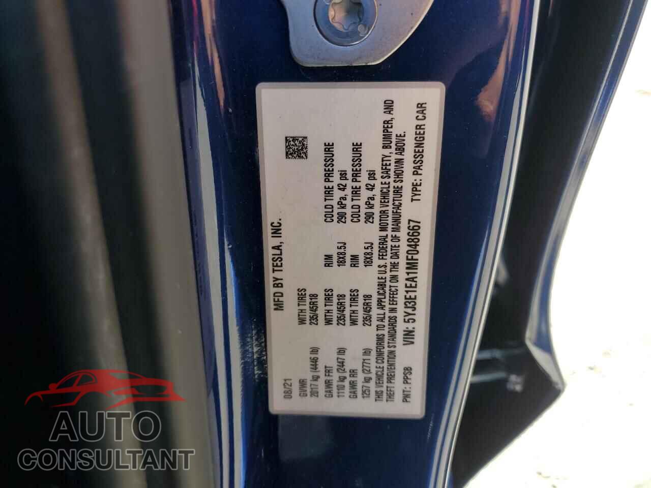 TESLA MODEL 3 2021 - 5YJ3E1EA1MF048667