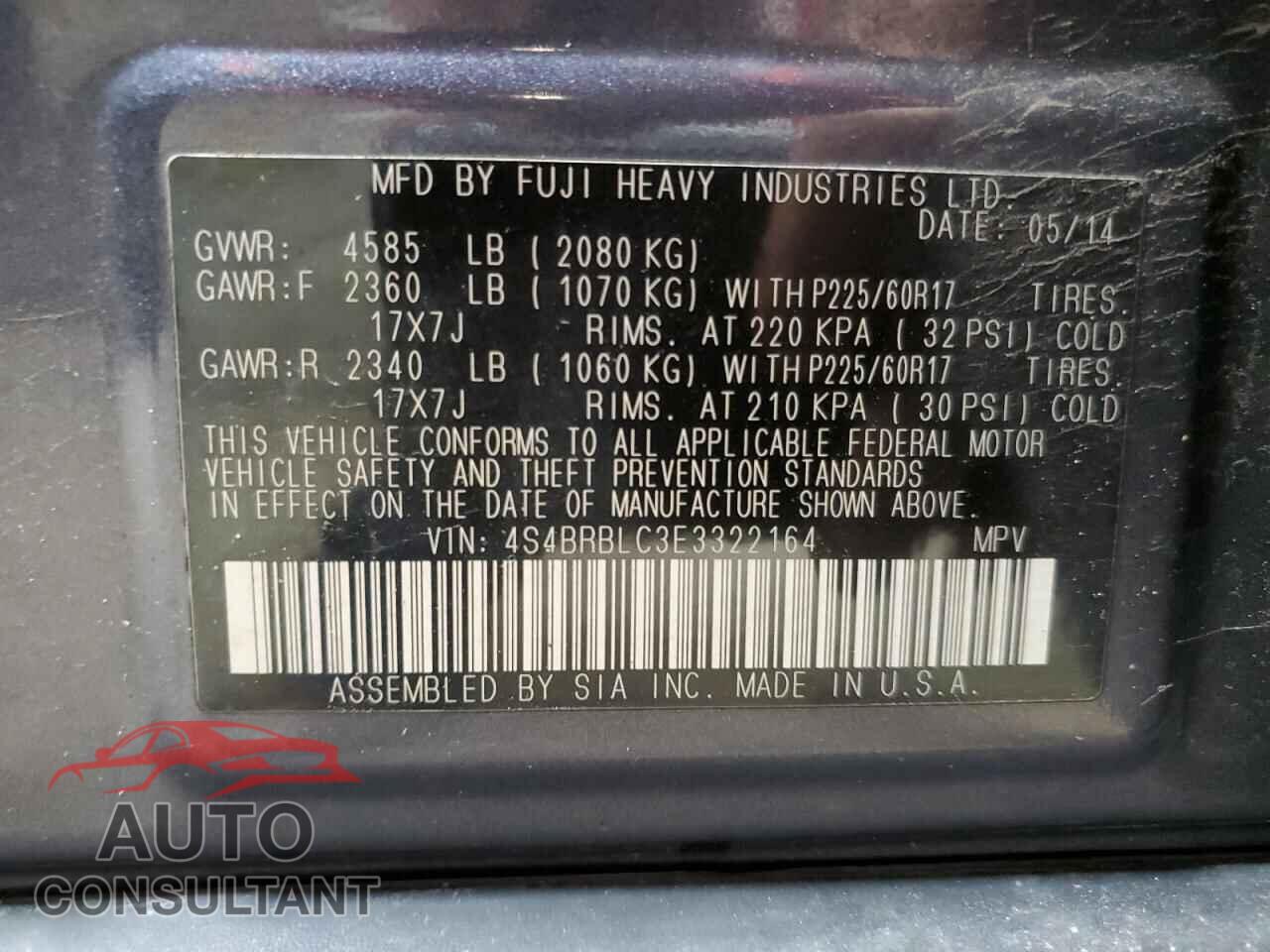 SUBARU OUTBACK 2014 - 4S4BRBLC3E3322164