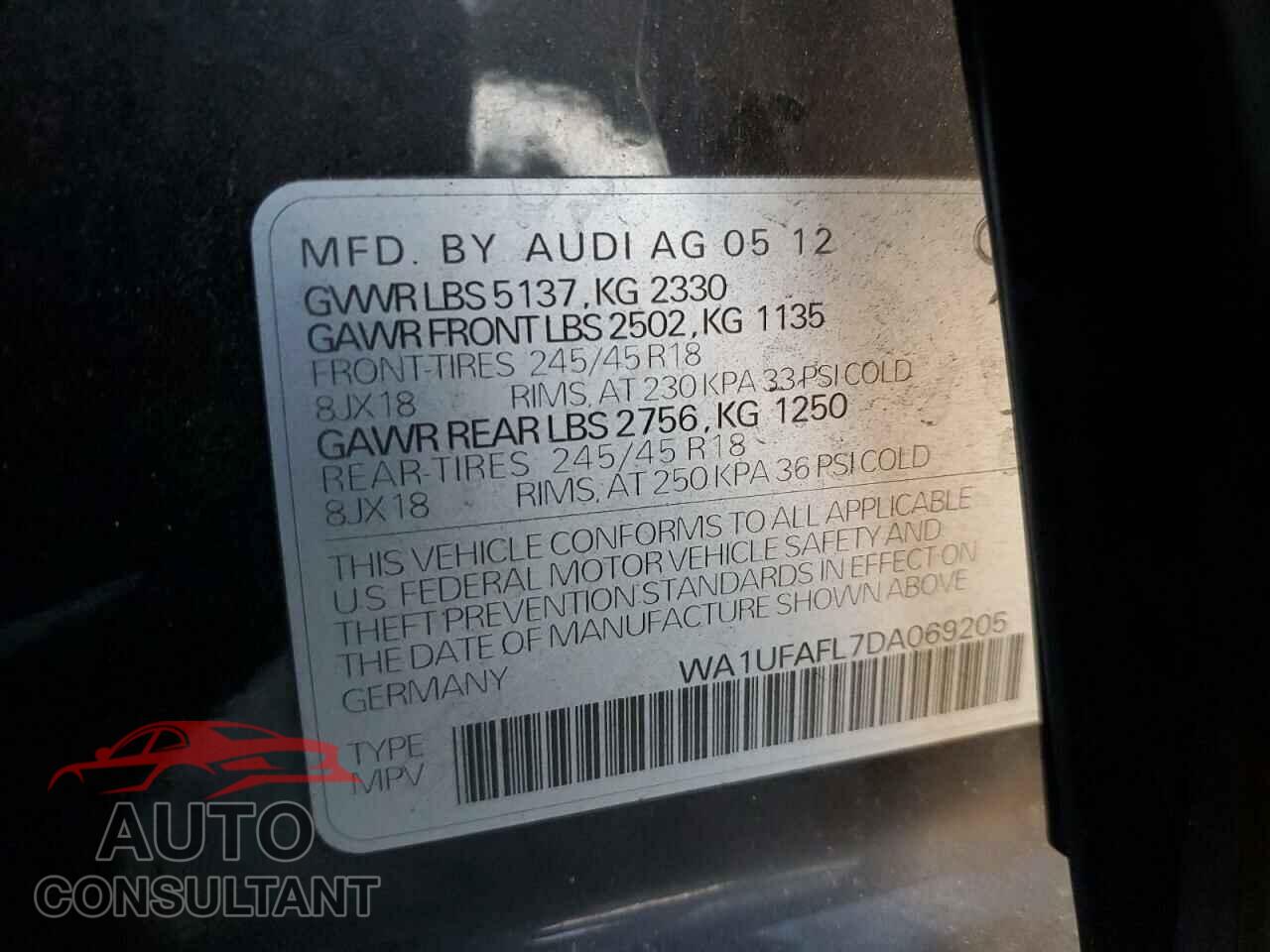 AUDI A4 2013 - WA1UFAFL7DA069205