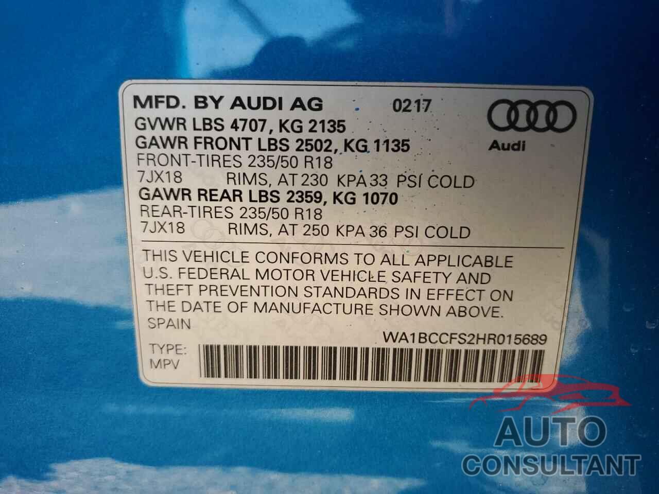 AUDI Q3 2017 - WA1BCCFS2HR015689