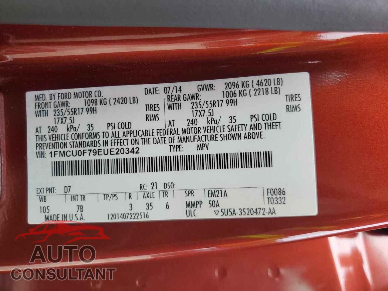 FORD ESCAPE 2014 - 1FMCU0F79EUE20342