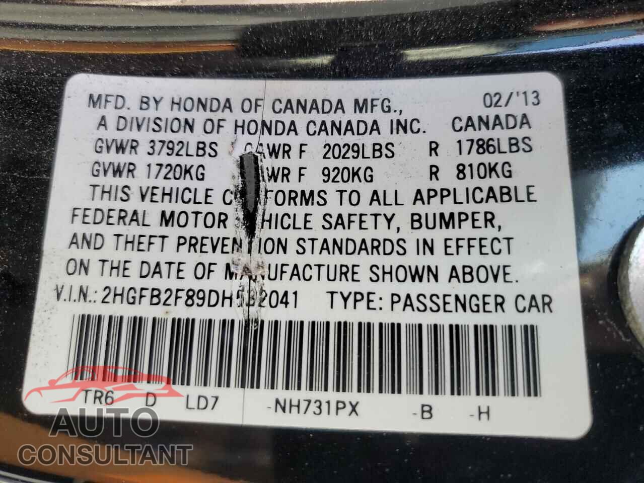 HONDA CIVIC 2013 - 2HGFB2F89DH532041