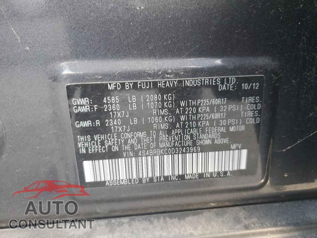SUBARU OUTBACK 2013 - 4S4BRBKC0D3243969