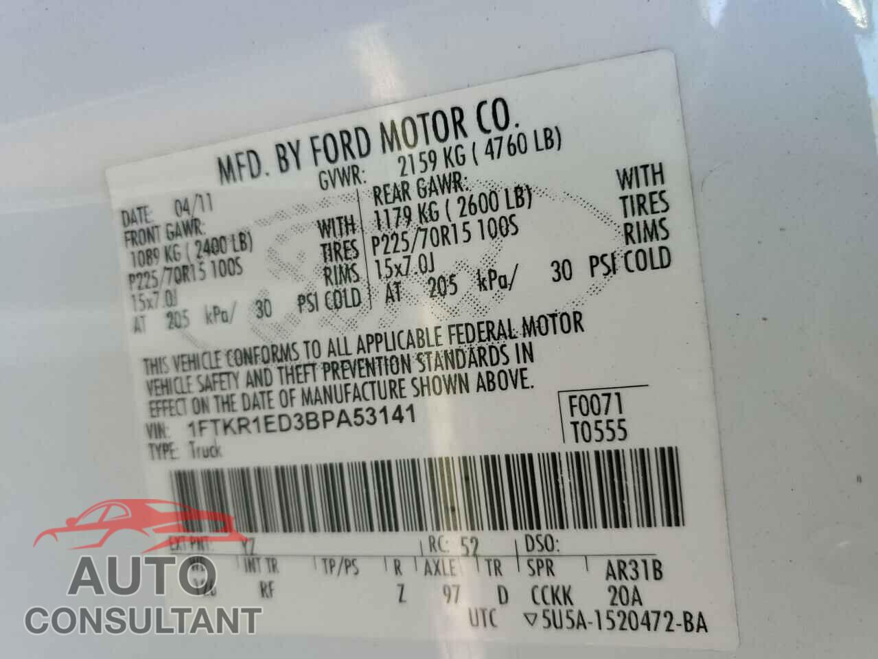 FORD RANGER 2011 - 1FTKR1ED3BPA53141