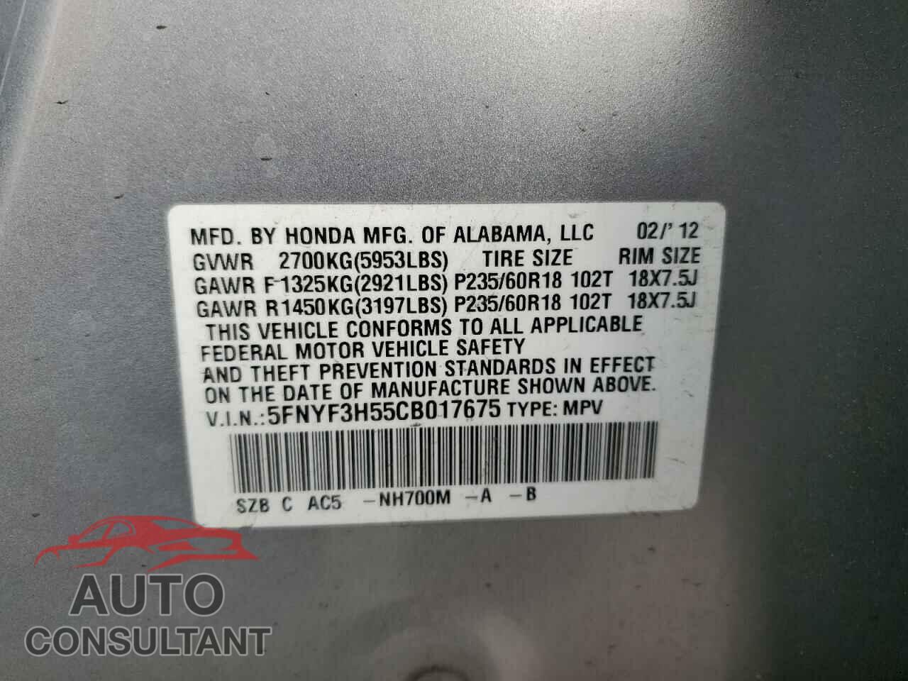 HONDA PILOT 2012 - 5FNYF3H55CB017675