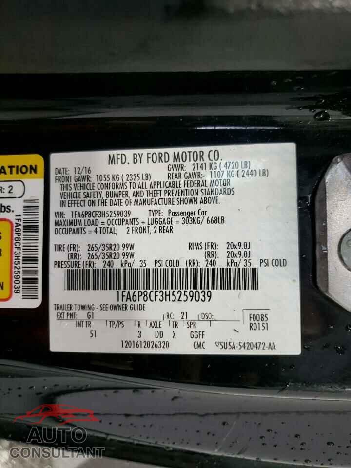 FORD MUSTANG 2017 - 1FA6P8CF3H5259039