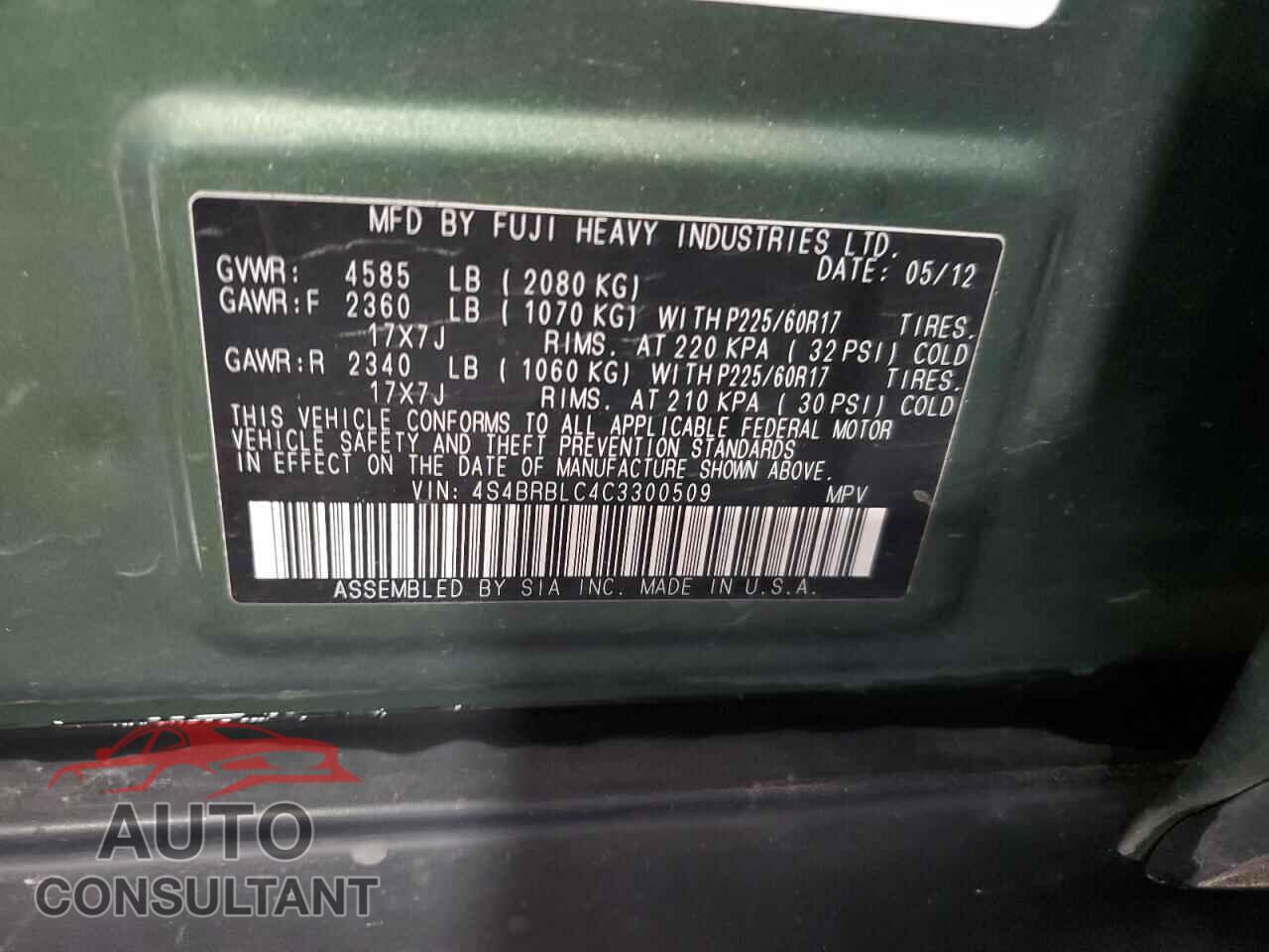 SUBARU OUTBACK 2012 - 4S4BRBLC4C3300509