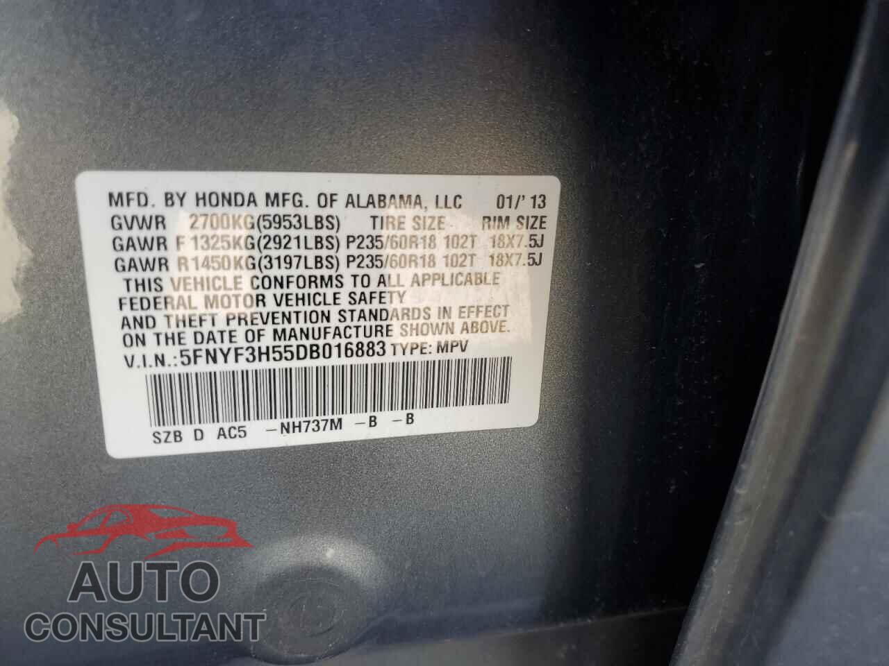 HONDA PILOT 2013 - 5FNYF3H55DB016883