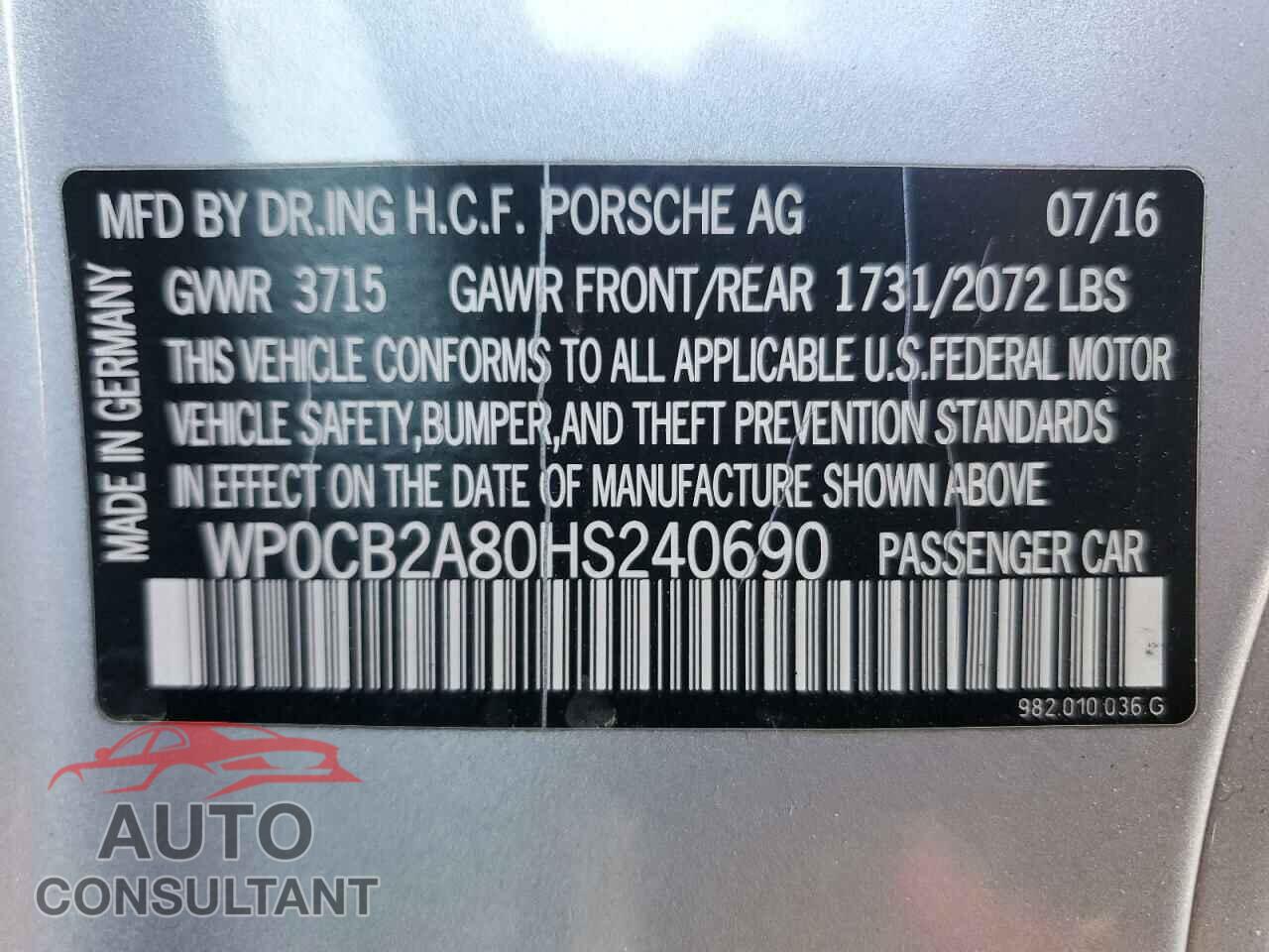 PORSCHE BOXSTER 2017 - WP0CB2A80HS240690