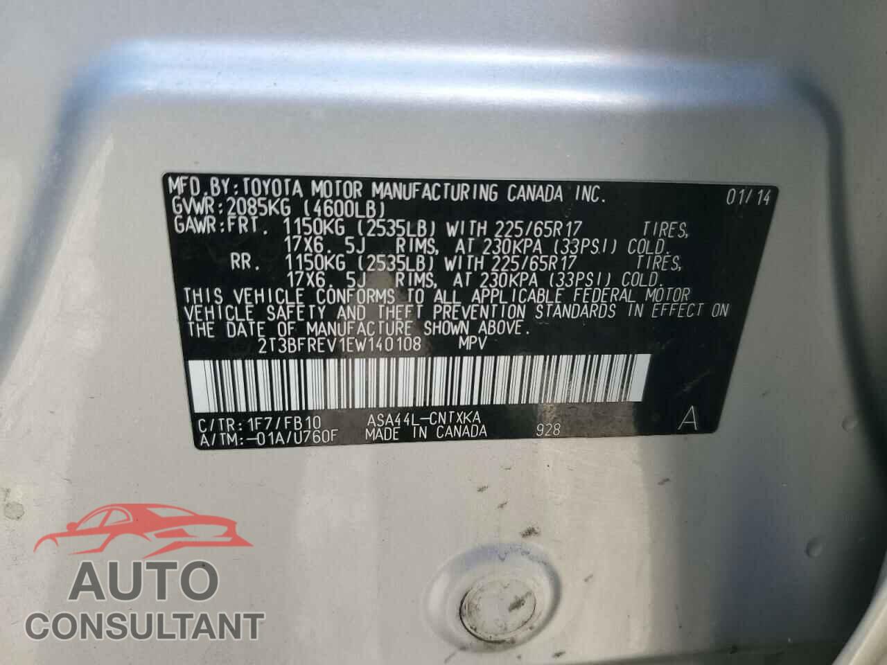 TOYOTA RAV4 2014 - 2T3BFREV1EW140108