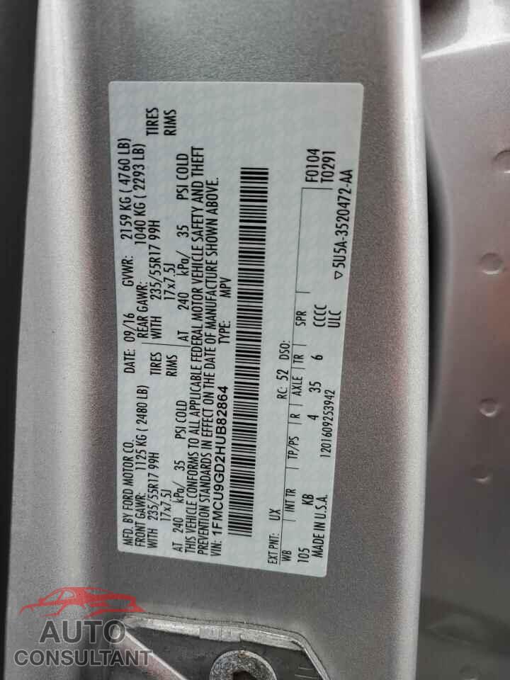 FORD ESCAPE 2017 - 1FMCU9GD2HUB82864