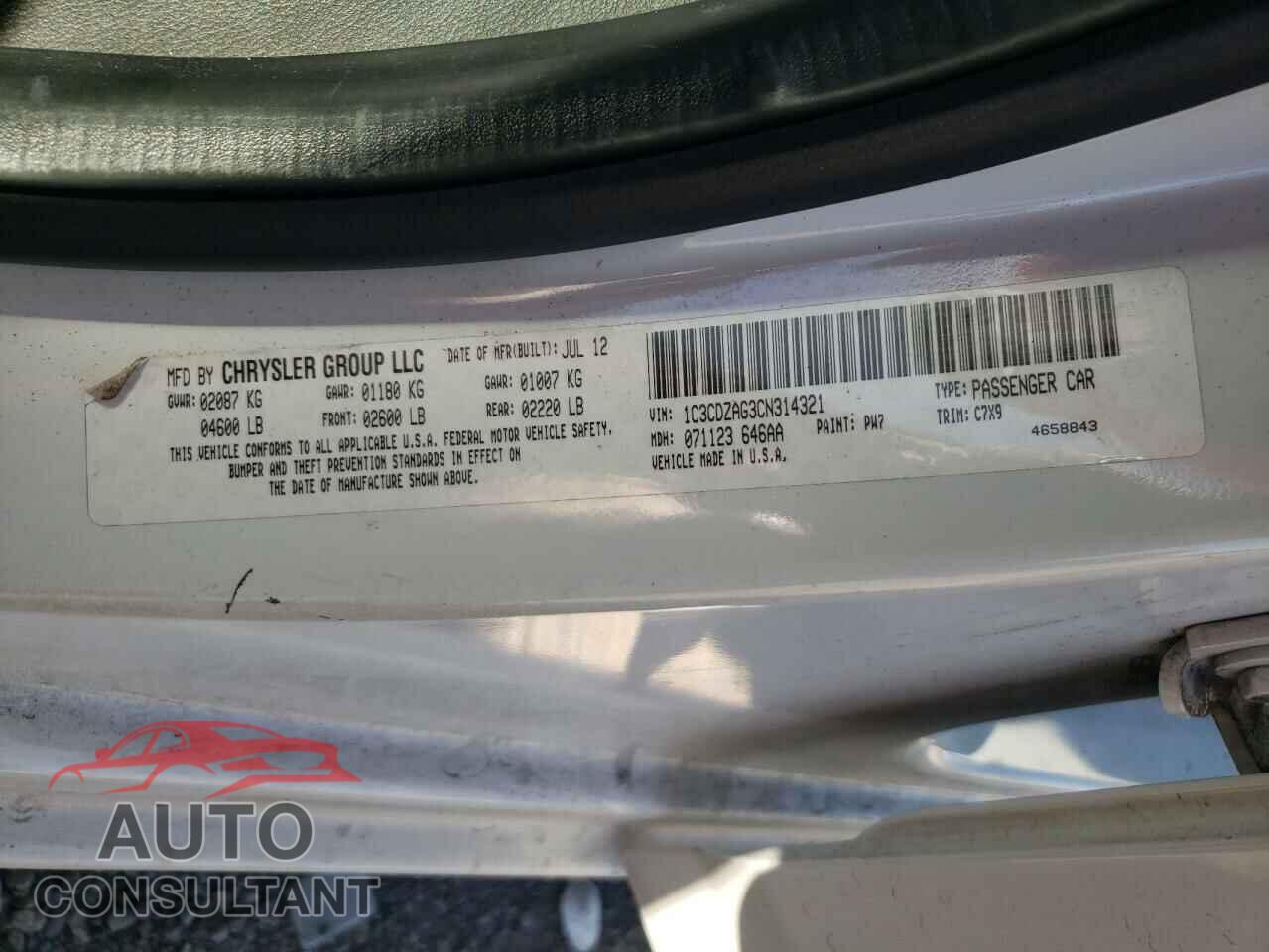 DODGE AVENGER 2012 - 1C3CDZAG3CN314321