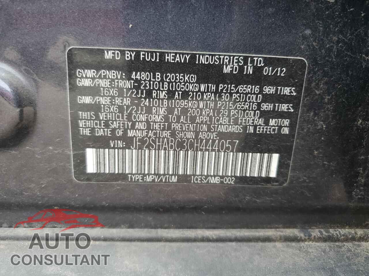 SUBARU FORESTER 2012 - JF2SHABC3CH444057