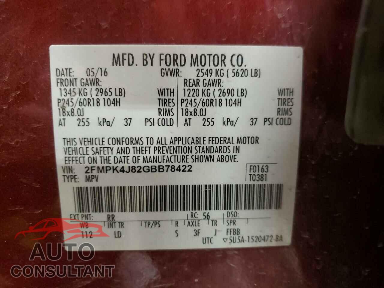 FORD EDGE 2016 - 2FMPK4J82GBB78422