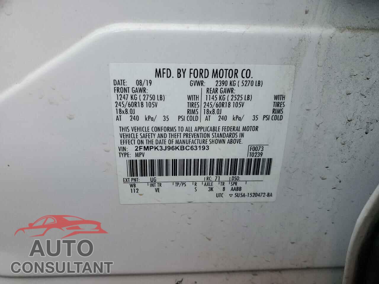 FORD EDGE 2019 - 2FMPK3J96KBC63193