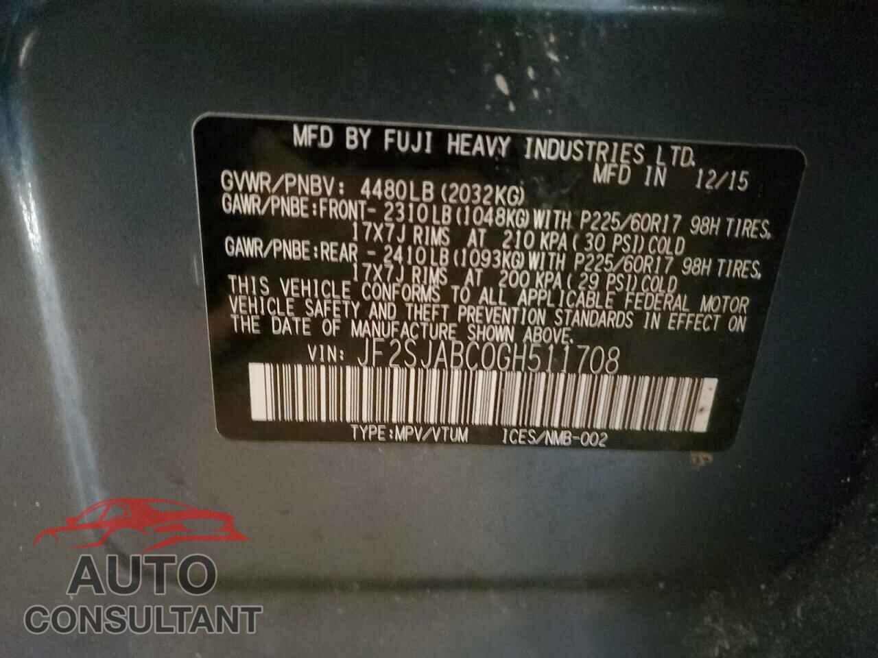 SUBARU FORESTER 2016 - JF2SJABC0GH511708