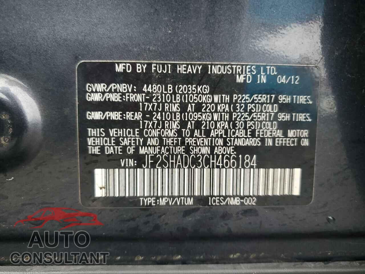 SUBARU FORESTER 2012 - JF2SHADC3CH466184