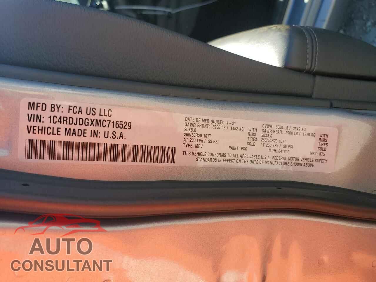 DODGE DURANGO 2021 - 1C4RDJDGXMC716529