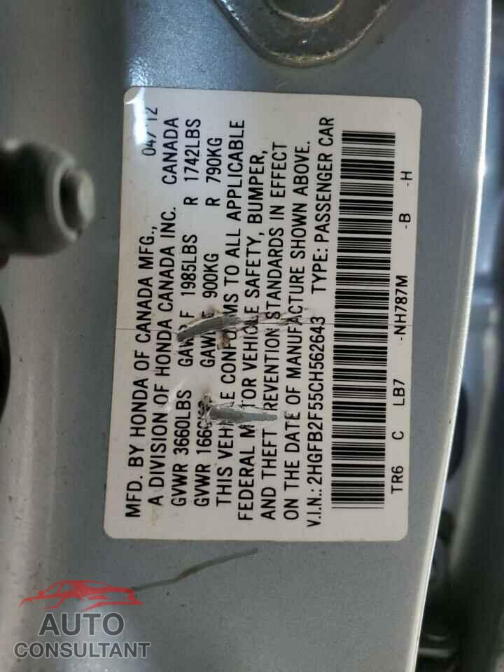 HONDA CIVIC 2012 - 2HGFB2F55CH562643