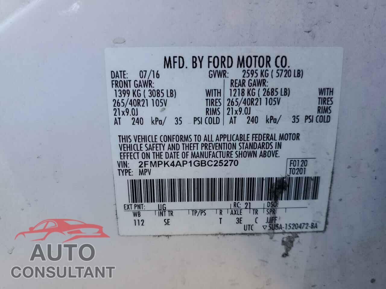 FORD EDGE 2016 - 2FMPK4AP1GBC25270