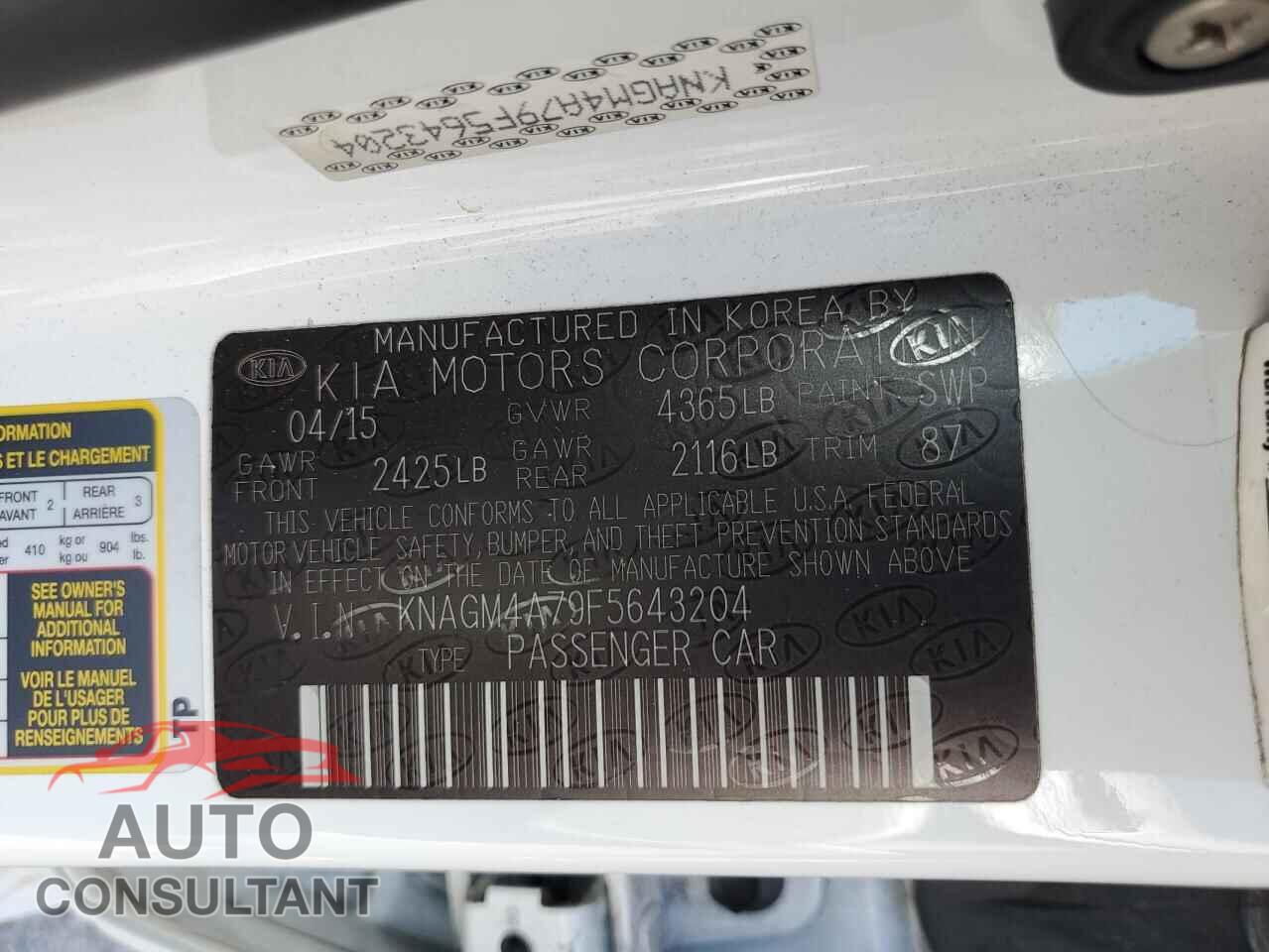 KIA OPTIMA 2015 - KNAGM4A79F5643204
