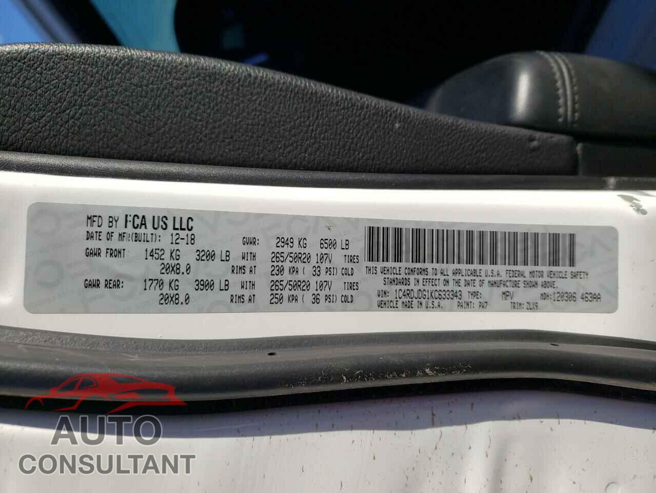 DODGE DURANGO 2019 - 1C4RDJDG1KC633343
