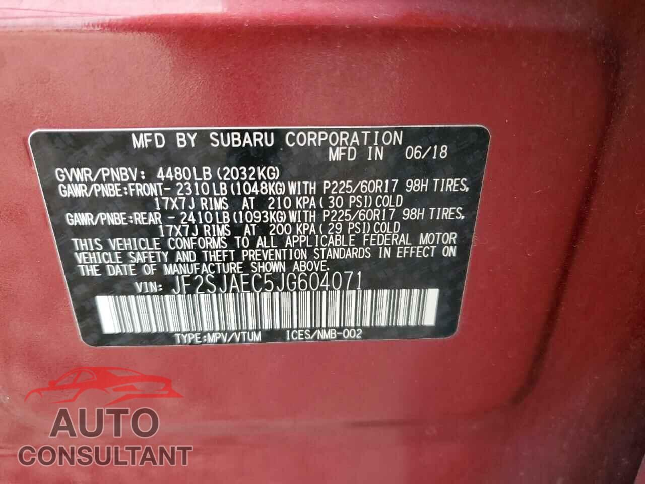 SUBARU FORESTER 2018 - JF2SJAEC5JG604071