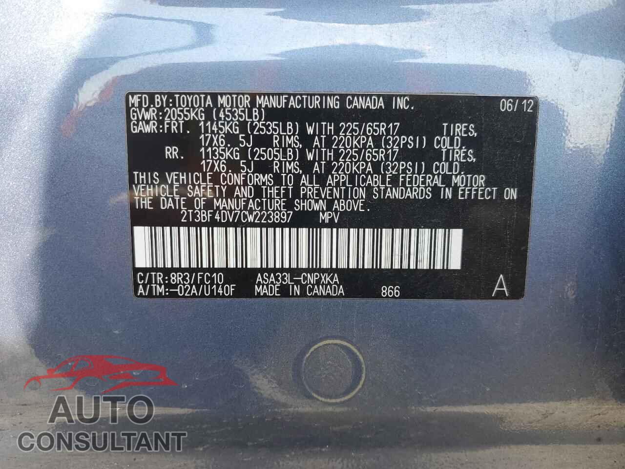 TOYOTA RAV4 2012 - 2T3BF4DV7CW223897