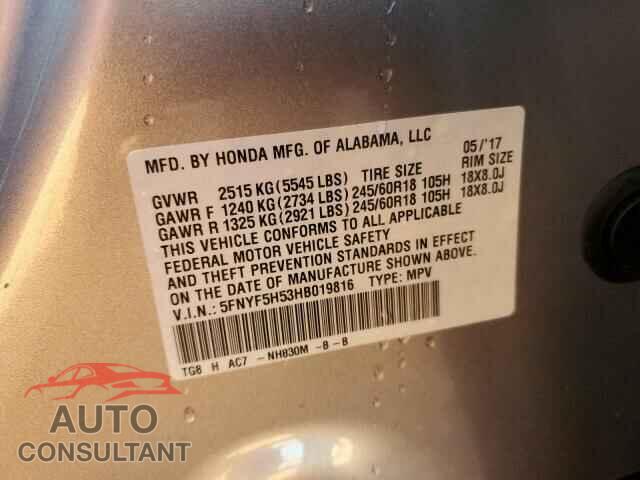 HONDA PILOT 2017 - 5FNYF5H53HB019816