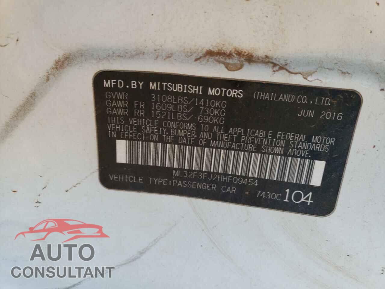 MITSUBISHI MIRAGE 2017 - ML32F3FJ2HHF09454