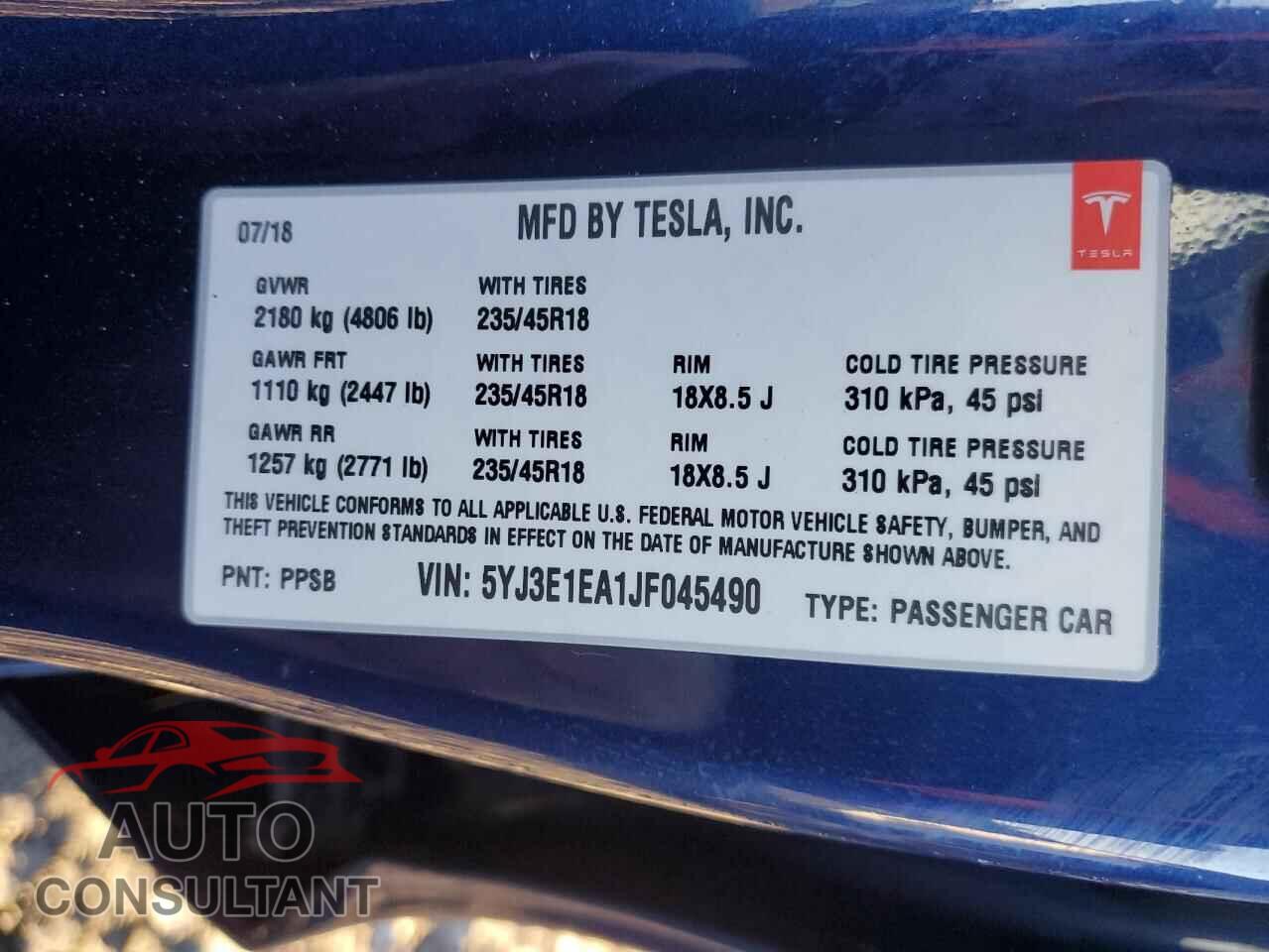 TESLA MODEL 3 2018 - 5YJ3E1EA1JF045490