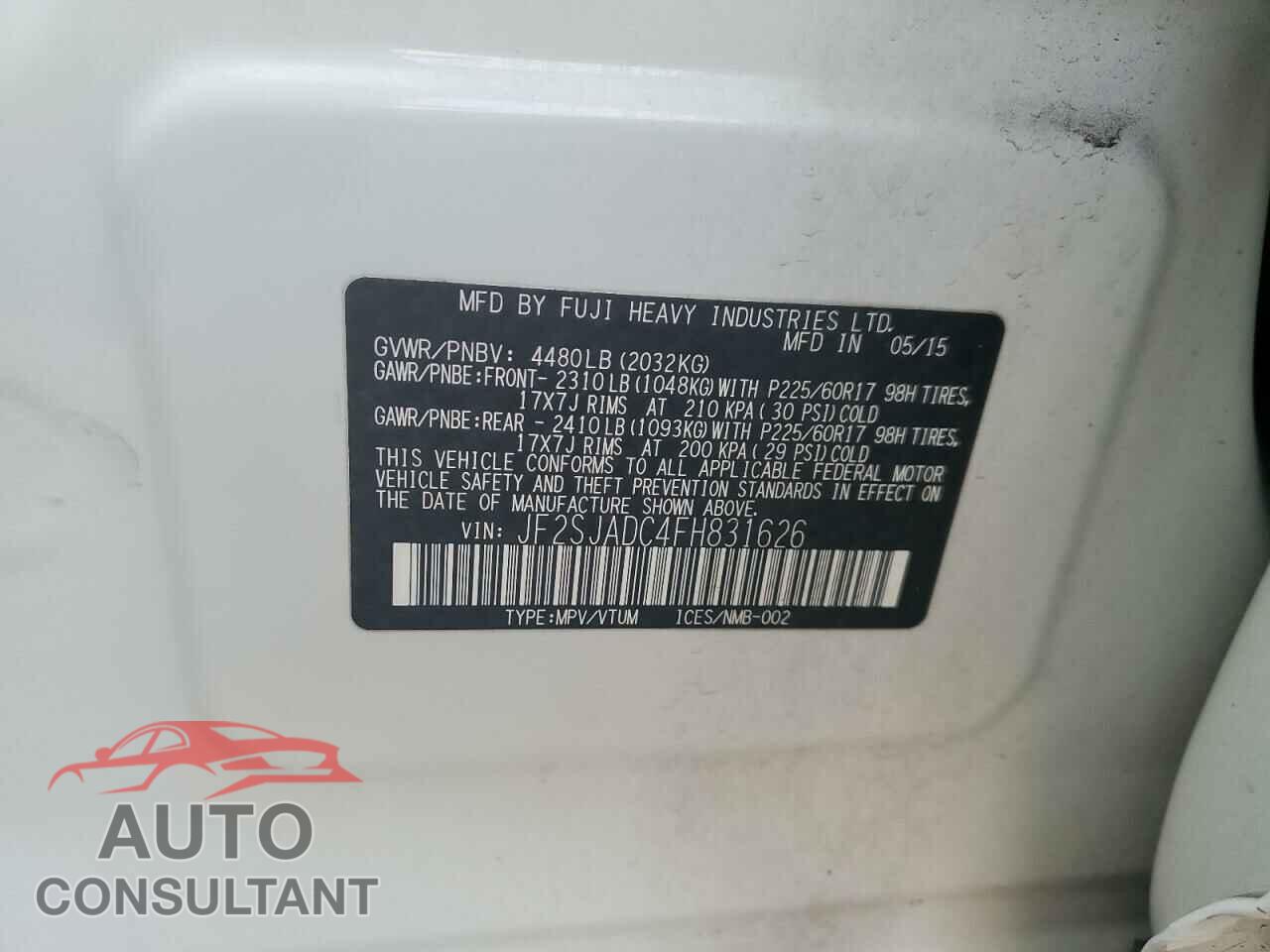 SUBARU FORESTER 2015 - JF2SJADC4FH831626