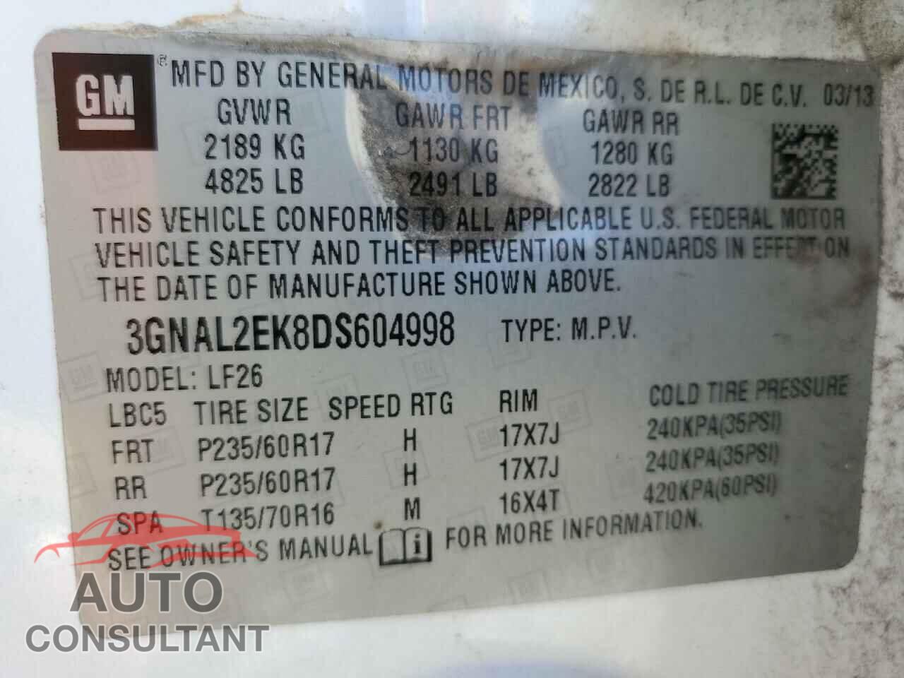 CHEVROLET CAPTIVA 2013 - 3GNAL2EK8DS604998