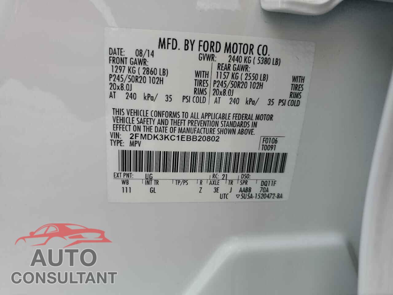 FORD EDGE 2014 - 2FMDK3KC1EBB20802