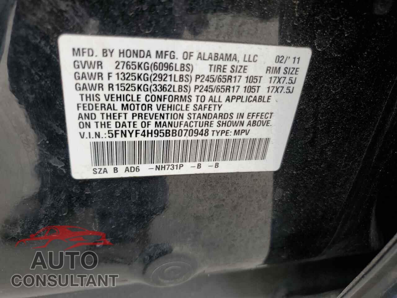 HONDA PILOT 2011 - 5FNYF4H95BB070948
