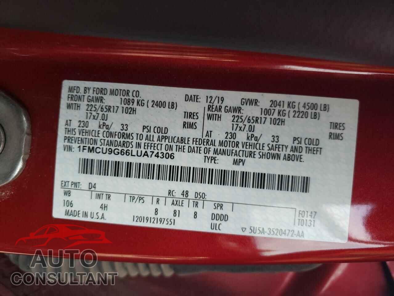 FORD ESCAPE 2020 - 1FMCU9G66LUA74306