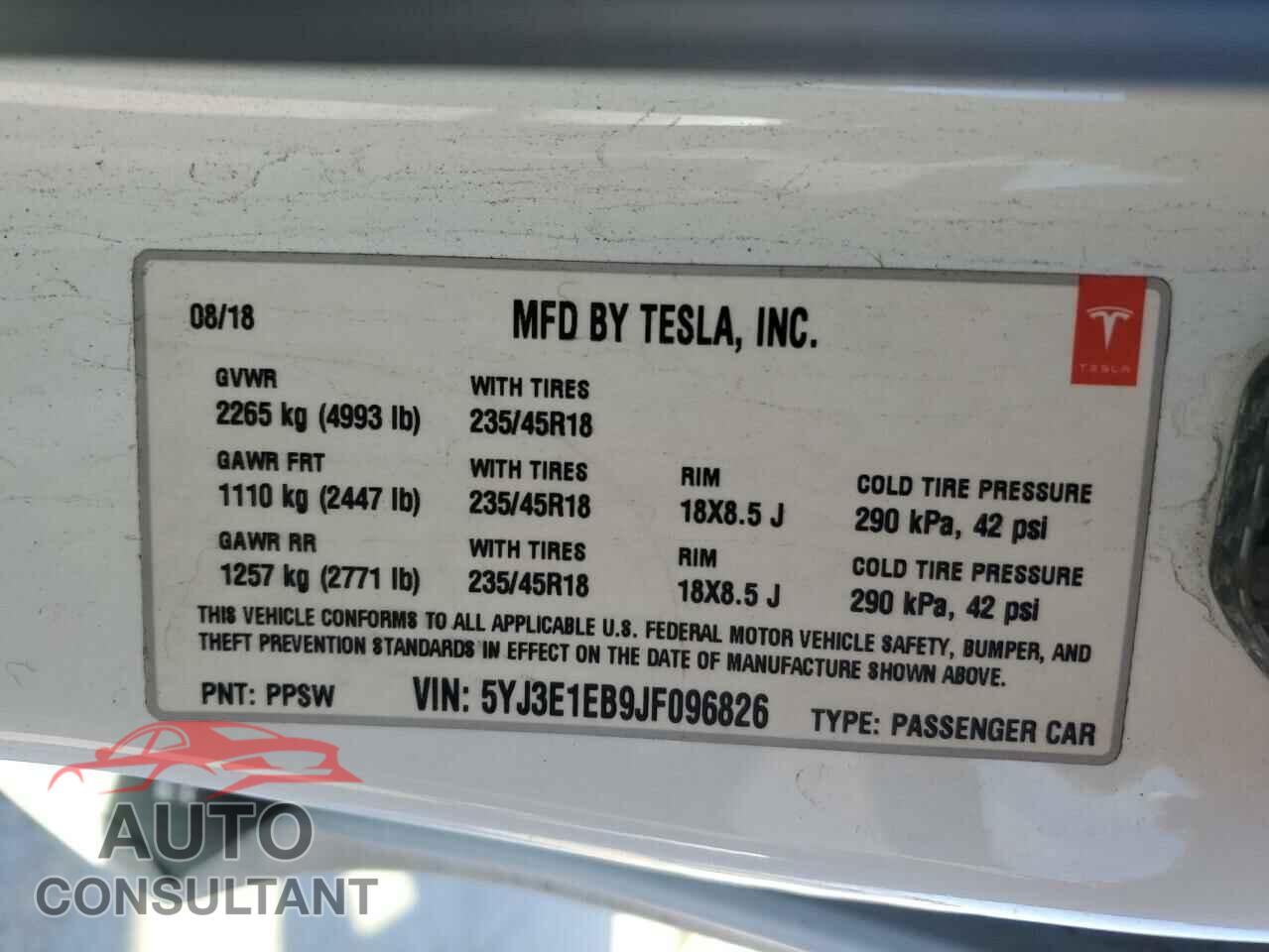 TESLA MODEL 3 2018 - 5YJ3E1EB9JF096826